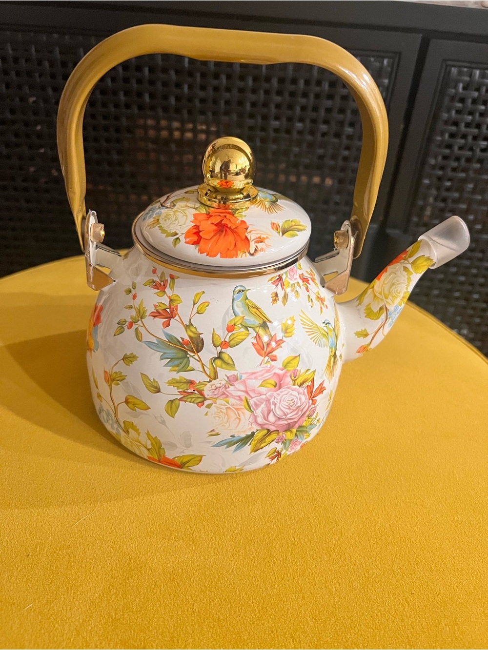 White Floral Enamel Teapot with Yellow Handle and Gold Knob